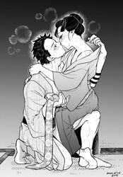 1boy 1girls akaza_(kimetsu_no_yaiba) blush breath canon_couple crouching demon_slayer embrace female full_body hakuji husband_and_wife kimetsu_no_yaiba kimono kissing koyuki_(kimetsu_no_yaiba) male monochrome sitting_on_person sweat tabi tatami undressing undressing_another