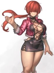 :> absurdres belly_chain breasts covered_eyes cropped_jacket cross-laced_clothes dress female fur-trimmed_jacket fur_trim hair_over_eyes highres hip_vent jacket jewelry kelvin_hiu king_of_fighters king_of_fighters_xv large_breasts no_bra plunging_neckline red_hair shermie_(kof) short_dress side_slit solo split_ponytail thick_thighs thighs toned white_background