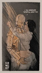 1boy 1girls arm_on_shoulder artist_request ass ass_cleavage ass_grab background black_hair border butt_crack c-3po closed_eyes clothed clothed_female clothing dialogue droid duo english_text female fully_clothed groping hair hoth hugging human human_on_humanoid humanoid jacket male princess_leia_organa protocol_droid robot side_view simple_background standing star_wars straight tagme technophilia text the_empire_strikes_back tied_hair vest white_border white_clothing winter_clothes