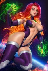 big_breasts dc dc_comics female_only green_eyes large_breasts leotard looking_at_viewer modified_costume neoartcore nipples nude nudtawut_thongmai orange_hair pierced_belly_button starfire teen_titans thick_thighs thigh_highs third-party_edit uncensored