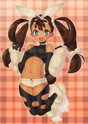 bare_shoulders blue_eyes brown_hair cosplay crop_top dark-skinned_female dark_skin exposed_shoulders game_freak gloves lopunny_(cosplay) mega_lopunny_(cosplay) midriff nintendo open_mouth plaid_background pokemon pokemon_(cosplay) pokemon_xy shauna_(pokemon) solo solo_female toranoe