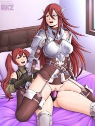 2girls akazlime arm_grab bed bedroom breasts clothed_sex cordelia_(fire_emblem) daughter female female_only fire_emblem fire_emblem_awakening incest lesbian_sex medium_breasts mother mother_and_daughter multiple_girls nintendo red_hair reverse_cowgirl_position severa_(fire_emblem) sex strap-on twintails vaginal_penetration yuri