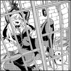 1girls blush chains edens_zero heart-shaped_pupils high_heels hiro_mashima jail_cell mashima_hiro monochrome official_art pointy_teeth sister_ivry solo teddy_bear tongue_out