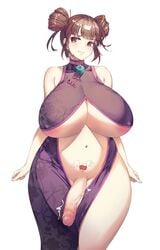 1futa areolae big_breasts big_penis breasts brown_hair cleavage clothed clothing cock crying dress elbow_gloves embarrassed flaccid futa_only futanari harry_(dudwofla) human light-skinned_futanari light_skin milf mostly_nude nipples pale_skin penis pubic_tattoo short_hair solo standing tattoo thick_thighs topless underboob wide_hips