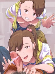 1boy 2girls ami_futami brown_hair clothed_female_nude_male futami_ami futami_mami idolmaster idolmaster_(classic) imminent_oral male_pov mami_futami mine_yamato penis_against_face pov side_ponytail small_breasts smile the_idolm@ster