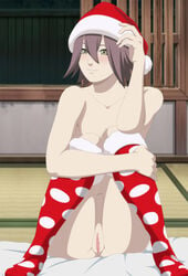 1girls ajisai_(naruto) barefoot bed bed_sheet breasts christmas collarbone completely_nude convenient_leg darkalx female female_only fur_trim hair_between_eyes hazel_eyes headwear indoors knees_together_feet_apart legwear light-skinned_female light_skin long_hair looking_at_viewer nakadashi naked naruto naruto_(series) naruto_shippuden nude on_bed paipan pale-skinned_female pale_skin petite pinup presenting presenting_pussy purple_hair pussy santa_hat shoulder_length_hair sitting small_breasts smile solo solo_focus thighhighs