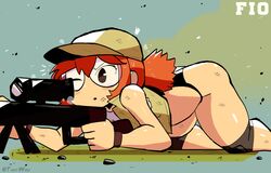 all_fours ass black_eyes black_panties fio_germi glasses gun hat metal_slug no_pants panties red_hair sweat tagme tony_welt torn_clothes