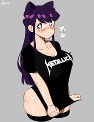 1girls absurd_res ass big_breasts blush cat_ears cleavage female female_only heavy_breathing hi_res komi-san_wa_komyushou_desu komi_shouko looking_back metalhead metallica nezulet purple_eyes purple_hair shirt solo t-shirt thick_thighs thighhighs thighs