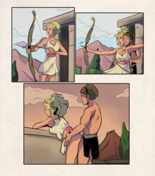 1boy 1girls ancient_greece atalanta atalanta_(greek_mythology) blonde_hair bow comic edit edited elmrtev greek_mythology hippomenes legends_of_the_hidden_temple mini_comic mythology outdoors tied_hair vaginal_penetration