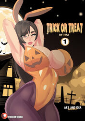 1girls bat breasts brown_hair bunny_ears bunnysuit cleavage clothed cover deckman female female_only final_fantasy final_fantasy_vii halloween halloween_costume hands_behind_head large_breasts lipstick long_hair looking_at_viewer moon mrdeck posing smile solo sweat text thick_thighs tifa_lockhart voluptuous