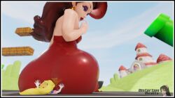 2girls 3d ass ass_expansion ass_grab big_ass blender blonde_hair blue_eyes brown_hair cocky distortingreality dress earrings facesitting female female_only lipstick mario_(series) pauline princess princess_peach shrinking shrunken_woman super_mario_odyssey yuri