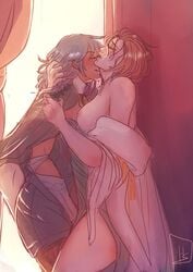 2girls beauty_mark breasts breasts_out byleth_(fire_emblem) byleth_(fire_emblem)_(female) clothed female_only fingering fingering_under_clothes fire_emblem fire_emblem:_three_houses homugabs homuspicy hug large_breasts leggings manuela_casagranda mole mole_under_eye multiple_girls nipples sex short_hair shorts yuri