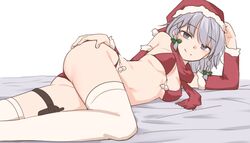 alternate_costume ass bare_shoulders bikini blue_eyes braid breasts christmas detached_sleeves elbow_rest eyebrows_visible_through_hair female fur-trimmed_sleeves fur_trim grey_hair hand_on_own_ass hat highres holster looking_at_viewer lying medium_breasts miyo_(ranthath) on_side red_bikini sakuya_izayoi santa_hat scarf short_hair smile solo split_mouth string_bikini swimsuit thigh_holster thighhighs touhou twin_braids white_legwear