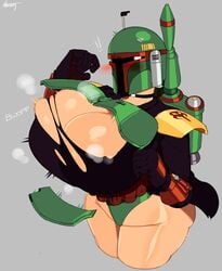 1girls absurd_res armor blush boba_fett booba_fett breast_expansion breasts choker cleavage female female_only helmet hi_res huge_breasts impossible_clothes large_breasts mandalorian_armor nezulet rule_63 solo star_wars thick_thighs thighs