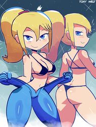 ass ass_cleavage bikini black_bikini black_bra black_panties black_thong blonde_hair blue_eyes bodysuit bra breasts butt_crack cleavage looking_at_viewer metroid multiple_poses navel panties ponytail samus_aran standing tagme thighs thong tony_welt undressing zero_suit_samus