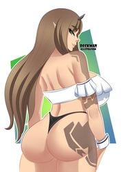 1girls ass back_view bare_shoulders big_ass brown_hair commission crop_top cuffs dat_ass deckman female female_only green_eyes horns long_hair looking_at_viewer looking_back mrdeck panties pointy_ears seductive_look seductive_smile skimpy smile solo tattoo thong