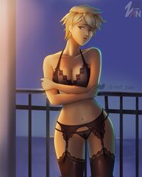 black_bra black_lingerie black_thighhighs blonde_hair crossed_arms girl kimmy_(mobile_legends) lingerie medium_breasts mobile_legends mobile_legends:_bang_bang night red_zian sea shore short_hair thick_hips thick_thighs thighhighs tomboy