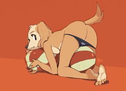 2021 aggressive_retsuko all_fours anthro ass ball beach_ball breast_squish breasts canid canine canis clothed clothing domestic_dog edtropolis feet female hi_res humanoid_feet inui_(aggressive_retsuko) looking_at_viewer looking_back looking_back_at_viewer mammal panties panties_down sanrio smooth_skin soles solo squish topless under_boob underwear underwear_down