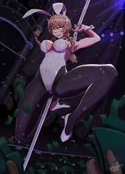 1girls amane_suzuha braided_hair brown_hair bunny_ears bunny_girl bunnysuit cash club dancing female_focus high_heels money painted_nails pole_dancing steins;gate stripper_pole thighs twin_braids wolfenhood yellow_eyes