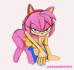 2022 absurd_res amy_rose anthro bodily_fluids breasts colored cum degener4te eulipotyphlan fellatio female fur gag genital_fluids genitals green_eyes hedgehog hi_res looking_at_viewer male male/female mammal nipples nude oral penile penis pink_body pink_fur sega sex signature sonic_(series) sonic_the_hedgehog sonic_the_hedgehog_(series)