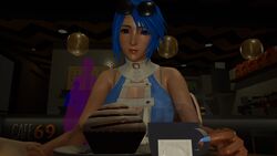 3d aqua_(kingdom_hearts) big_breasts blue_eyes blue_hair blush cafe cake cleavage condom date disney hand_on_hand honey_select kingdom_hearts lace roseza smile square_enix