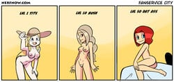 aleksandrina_(nerf_now) angie_(nerf_now) anonymous_artist blonde_hair breasts bush casual clothing comic comic_strip edit female headwear human jane_(nerfnow) nerf_now pale_skin red_hair take_your_pick