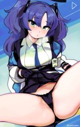 ass black_gloves black_panties blue_archive blush breasts cameltoe commentary_request female gloves halo long_hair looking_at_viewer millennium_science_school_logo_(blue_archive) millennium_science_school_student necktie panties purple_eyes purple_hair seminar_(blue_archive) solo spread_legs sweatdrop underwear woofycakes yuuka_(blue_archive)