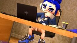 1girls 3d blue_eyes blue_hair book chair clothing cum_on_fingers cum_string dev_(freezerburn) drink freezerburnsfm laptop looking_at_viewer masturbation octoling octoling_girl rubbing_pussy seductive_look seductive_smile sfm shoes source_filmmaker splatoon splatoon_2 sweater table