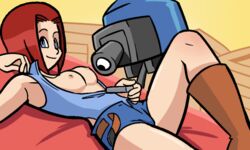 angie_(nerf_now) artist_request breasts human nerf_now pale_skin red_hair team_fortress_2 turret unzipped_bodysuit unzipping