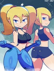 ass black_bra blonde_hair blue_eyes bodysuit boyshorts bra breasts cleavage looking_at_viewer metroid multiple_poses navel ponytail samus_aran shorts standing tagme thighs tony_welt undressing zero_suit_samus