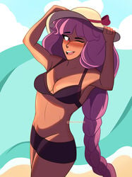 1girls beach belly bikini breasts clothed clothing entrapta female female_focus female_only female_solo hat highres holding_hat long_twintails netflix one_eye_closed purple_hair red_eyes shading she-ra_and_the_princesses_of_power small_bikini solo solo_female tagme twintails witchowldrawings