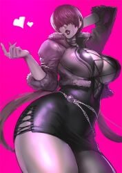 arm_behind_head bangs black_dress black_shirt blush breasts cleavage cowboy_shot dress female fighting_stance fur_trim hair_over_eyes hyper_thighs jacket king_of_fighters king_of_fighters_xv kisuu large_breasts lips massive_thighs shermie_(kof) shirt thunder_thighs