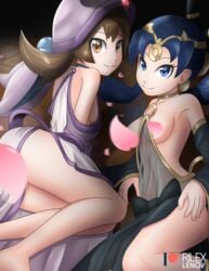 2girls blue_eyes blue_hair brown_eyes brown_hair choker convenient_censoring duo espeon_(cosplay) game_freak hood kris_(pokemon) lyra_(pokemon) matching_hair/eyes nintendo patreon patreon_username petal_censor petals pokemon pokemon_(cosplay) rilex_lenov see-through tiara umbreon_(cosplay) watermark