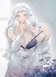 black_bra blue_eyes blush bra final_fantasy final_fantasy_xiv finger_to_mouth happy head_tilt hyur playing_with_hair pov pov_eye_contact presenting seductive seductive_look seductive_smile shushing smile undressing venat_(ffxiv) white_background white_curtains white_hair white_robe window