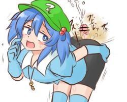 bike_shorts blue_eyes blue_gloves blue_hair blue_stockings buttjob cum cumming fart fart_on_dick farting farting_on_dick green_hat key nitori_kawashiro stockings touhou touhou_project water_noodle