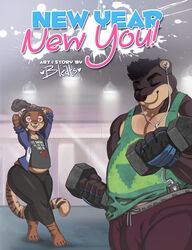 <3_eyes absurd_res anthro ass barefoot beckett belly belly_overhang big_belly biped bleats bottomwear bulge clothed clothing curvy_figure digital_media_(artwork) dumbbell duo exercise feet felid femboy fur girly gym hair heart hi_res hoodie male male/male mammal muscular muscular_anthro muscular_male open_mouth overweight overweight_anthro overweight_male pantherine pants pecs shirt smile striped_body stripes tank_top text thick_thighs tiger topwear ursid video_games voluptuous weightlifting weights wide_hips workout yoga_pants