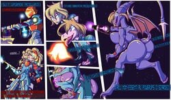 2022 anthro ass blonde_hair blue_eyes breast_expansion breasts butt_expansion comic creamyowl english_text expansion female glowing glowing_eyes growth hair hi_res human human_to_anthro machine mammal membrane_(anatomy) membranous_wings metroid nintendo power_armor purple_body ridleymorph samus_aran simple_background smile solo species_transformation surprise tail_growth text transformation video_games wing_growth wings