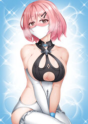 1girls blush eyebrows_visible_through_hair female female_only heart-shaped_pupils honkai_(series) honkai_impact_3rd large_breasts light-skinned_female light_skin mask nose_blush pink_hair shy solo symbol-shaped_pupils timido_cute ぐんそー@vtuber兼絵描き