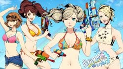 4girls ann_takamaki bikini clothing eightyfourart female female_only human kujikawa_rise lisa_silverman lovers_arcana midriff multiple_girls pale_skin persona persona_2 persona_3 persona_4 persona_5 swimsuit swimwear water_gun yukari_takeba