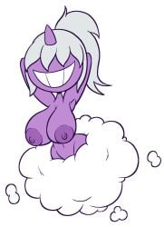 arms_up badguynek big_breasts breasts cloud dazzi_(pal) horn nipples pal_(species) palworld purple_skin smile transparent_background white_hair