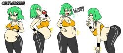 1girls big_belly bloated_belly burping cleavage clothed clothing drinking explodcode female female_only gassy green_hair hikage_(senran_kagura) navel senran_kagura short_hair slit_pupils snake_eyes snake_girl soda tattoo text yellow_eyes