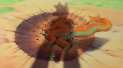 2boys anus balls big_tail bodily_fluids crater cum day dragon_ball dragon_ball_z furry gaping gaping_anus gay genital_fluids genitals green_body kobold_orion male male_focus male_only nude orange_body outside tail yamcha_death_pose