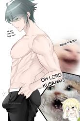 1boy 1girls alhaitham_(genshin_impact) boxers_(clothing) bulge english_text female genshin_impact light-skinned_male light_skin lumine_(genshin_impact) male male_focus male_only meme muscular muscular_male pecs pulling_pants shirtless shirtless_male solo_focus straight tight_pants_(meme)