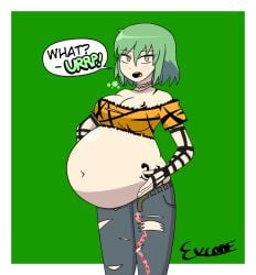 1girls big_belly bloated_belly burping cleavage clothed clothing explodcode female female_only gassy green_hair hikage_(senran_kagura) navel senran_kagura short_hair slit_pupils snake_eyes snake_girl tattoo text yellow_eyes