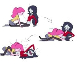 adventure_time belly_grab belly_raspberries belly_tickle huggiefish laughing marceline multiple_images princess_bubblegum tickling tickling_belly yuri