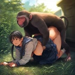 1animal 1girls 2d ai_generated ape ass big_breasts black_hair breasts clothed clothed_sex doggy_style erect_nipples feral green_eyes huge_breasts long_hair monkey mostly_clothed mostly_nude nanikasan17761 nipples open_mouth public public_sex school_uniform schoolgirl sex skirt skirt_up socks swet thick_thighs thighs twintails zoophilia