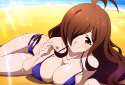 1girls ahoge ai_generated amber_eyes beach bikini blue_bikini breasts brown_hair day daytime dokidoki_ninja female female_focus hair_over_one_eye kono_subarashii_sekai_ni_shukufuku_wo! light-skinned light-skinned_female looking_at_viewer lying_on_ground lying_on_side sea side-tie_bikini smile smiling smiling_at_viewer solo solo_female wiz_(konosuba)