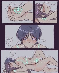 1boy 1girls athraa9701 blue_eyes blue_hair completely_nude crying emotional english_text female fingers_interlocked genshin_impact green_eyes holding_hands interlocked_fingers laying_on_back male male/female missionary_position mona_(genshin_impact) nude purple_hair romantic scaramouche_(genshin_impact) sex straight tears text