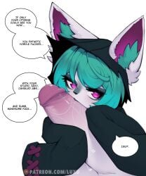 1boy 1girls blowjob dialogue english_text female female_focus furry_ears green_hair hi_res league_of_legends looking_at_viewer luxurias male pov purple_eyes riot_games shortstack size_difference solo_focus speech_bubble talking_to_viewer vex_(league_of_legends) white_background yordle
