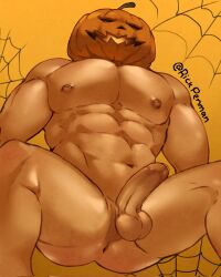 balls boner erection halloween male male_only muscles muscular nude penis pumpkin pumpkin_head rickpenman solo solo_male spread_legs